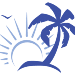 A blue logo featuring a palm tree and sun within the serene beauty of Andros.