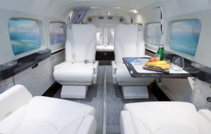 Experience a luxurious interior in a private jet, featuring pristine white leather seats. Whether you're heading to the stunning Staniel Cay or exploring the beautiful Bahamas with Daily Flights provided by Makers