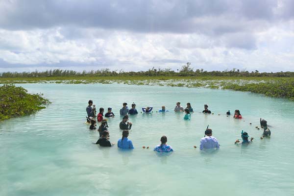 A group of people standing in a shallow body of water by Staniel Cay in the Bahamas.