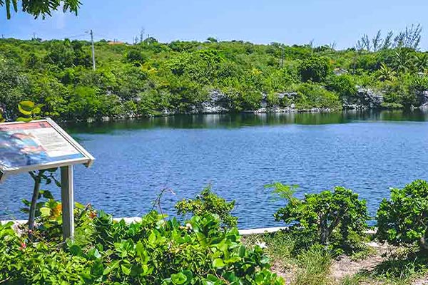 A lake with a sign in front of it, located in Staniel Cay.