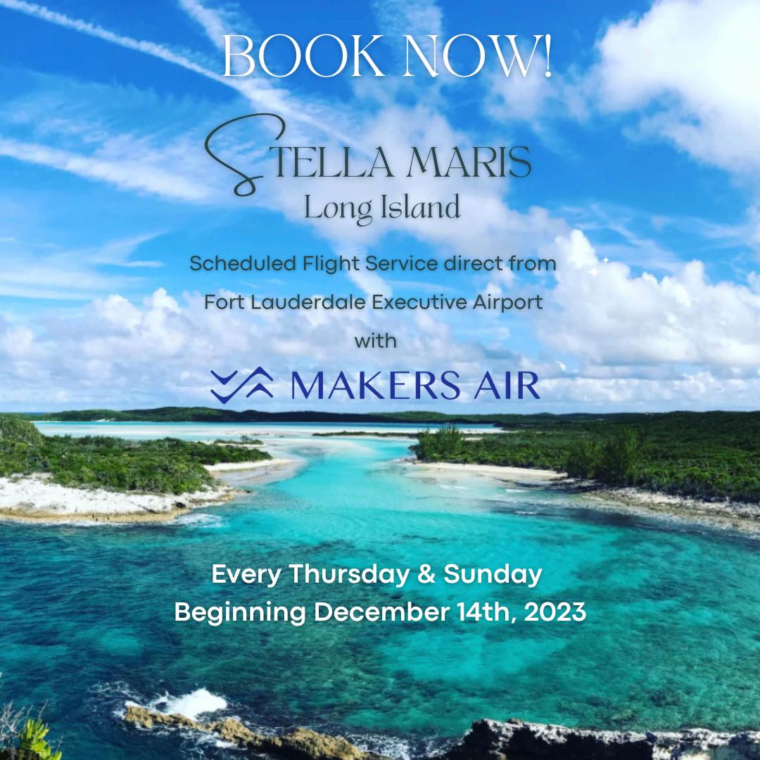 A flyer for Makers Air, offering daily flights to Staniel Cay in the Bahamas.
