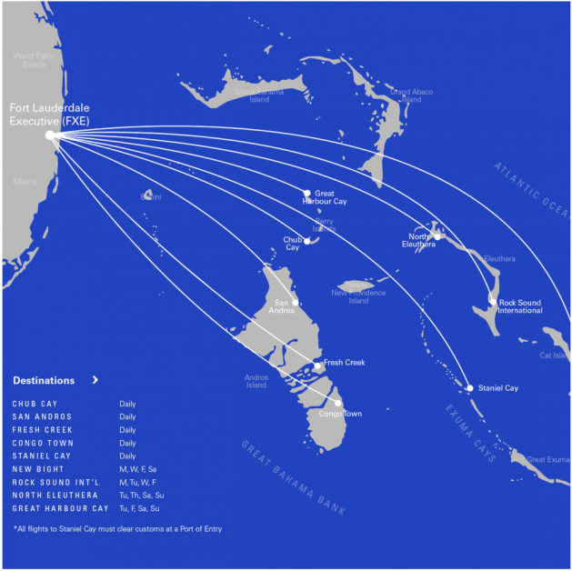 Map showing flight routes from Fort Lauderdale to various Bahama islands with flight schedule details.