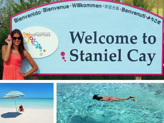 Three images: woman by Staniel Cay sign, person under umbrella on beach, swimmer in clear water.