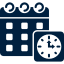 Icon of a calendar with a clock in the bottom right corner.