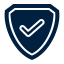 Dark blue shield with a check mark symbol inside.